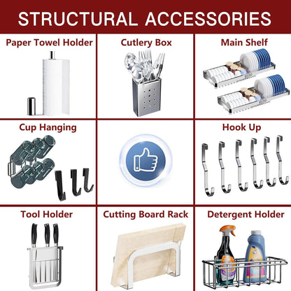 VNKZI Over Sink Dish Drying Rack, 3 Tier Full Stainless Steel Storage Adjustable Length (25.98'' to 36.61'') Kitchen Rack, Multifunctional Expandable Counter Organizer, Space Saver Dish Rack