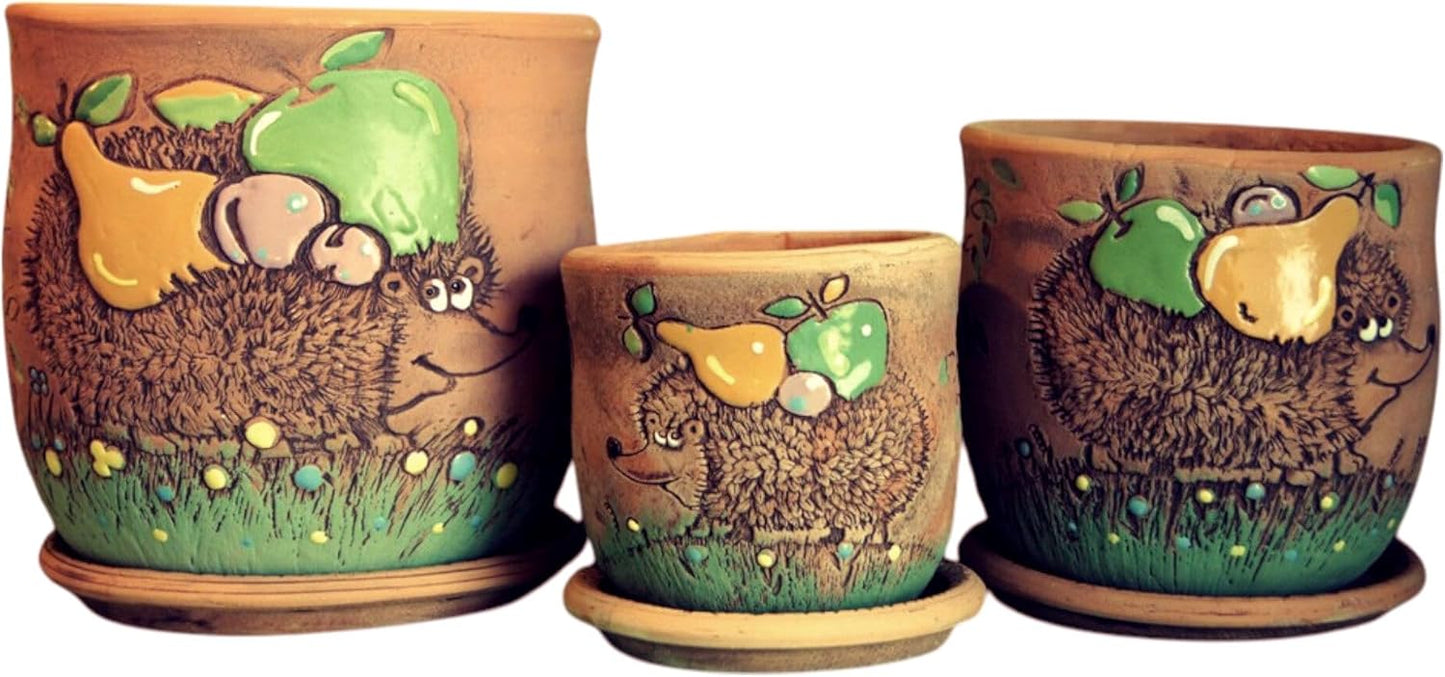 Ceramic Pot with Drainage Hole and Saucer, Plant Pots, Modern Decorative Planters for House Plants Indoor Flowers Plants, Cute Flower Pot - Gifts (Hedgehog (3 L))