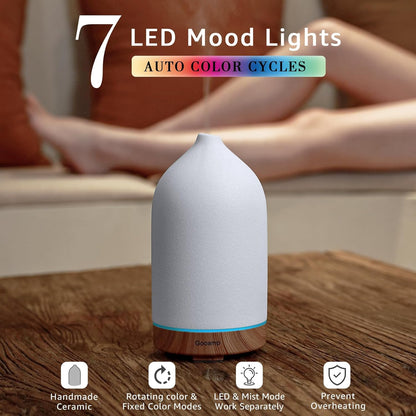 200ML Ceramic Essential Oil Diffuser - Ultrasonic Aromatherapy & Humidifier with 7-Color LED Lights, Auto Shut-Off, Wood Grain Base, 1H/3H/6H Timer | Scent for Home, Office, Yoga