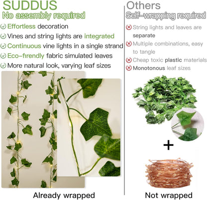 suddus Vine with Fairy Lights Battery Operated, 33ft 100 LED Ivy String Lights with Remote, Leaf Lights for Bedroom, Room, Wall, Garden, Party, Wedding Decor (Warm White)