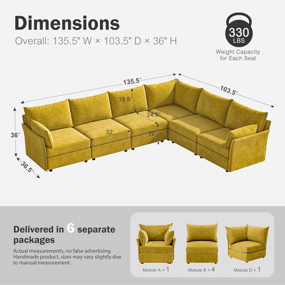 135.5" Oversized Modular Sectional Sofa, L Shaped Convertible Couch with Movable Ottoman, Large 6 Seat Corner Couches for Living Room Deep Seat Yellow Chenille