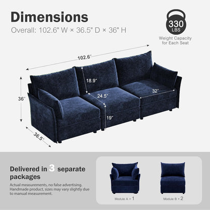 102.6" Modular Sectional Sofa, Oversized 3-Seater Blue Couch with Removable Chenille Fabric Cover, Deep Seat & High Backrest for Living Room, Office & Apartment