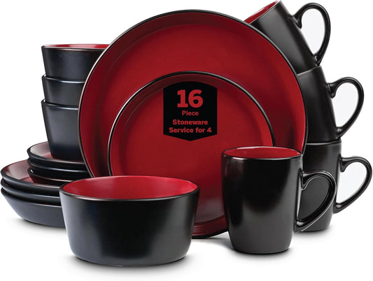 Stone Lain Albie Stoneware 16 Piece Dinnerware Set, Plates and Bowls Sets, Dish Set for 4, Red and Black, Microwave & Dishwasher Safe