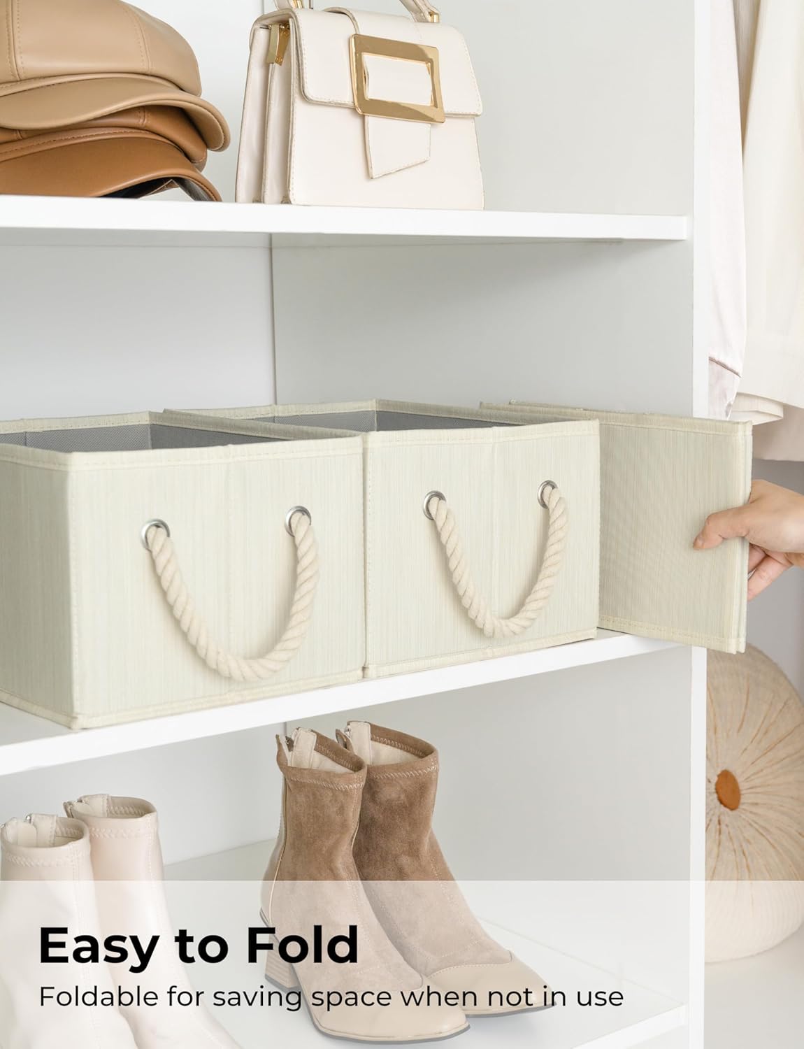 StorageWorks Storage Baskets for Shelves, Foldable Fabric Closet Storage Bins with Handles, Fabric Storage Bins Clothes Organizer, Beige, White & Ivory, 3-Pack, Small