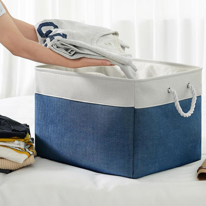 TheWarmHome Organization and Storage Basket for Shelves - Jumbo 3 Pack 20x16x14 inch Collapsible Storage Bins for Organizing, Canves Storage Cubes for Gift Organizer Toys Closet (White & Jean Blue)