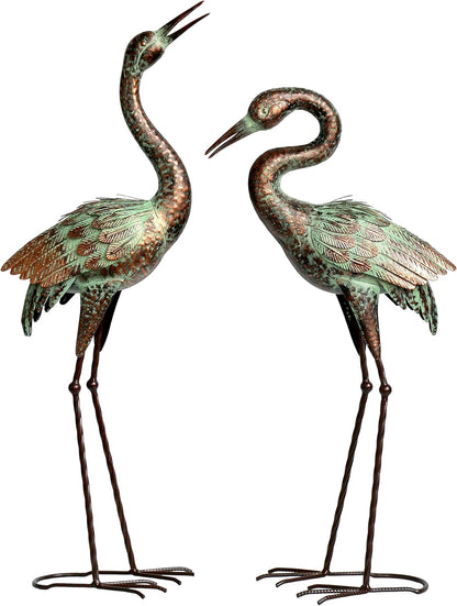 Shorayn Garden Crane Statues, Blue Heron Sculptures for Outdoor, Cranes Decor Metal Bird, Patina Garden Art Lawn Ornaments for Yard Patio Porch Outside Decorations
