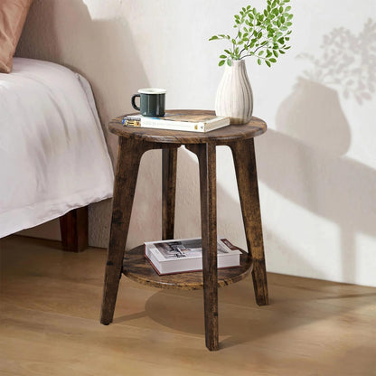 Small Round Side Table Wooden End Table with Lower Shelf Modern Nightstand Bedside Table for Small Spaces, Living Room, Bedroom Retro Brown