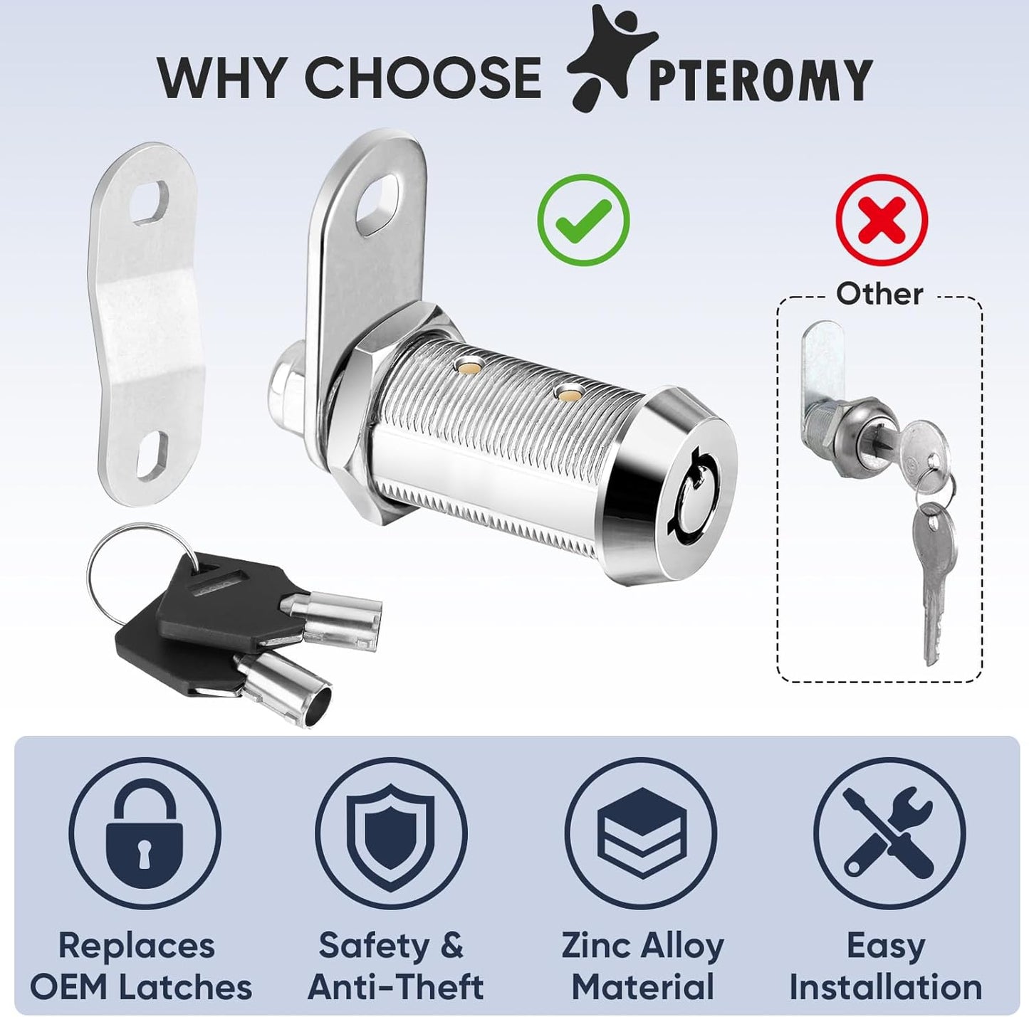 PTEROMY 5 Pack Cabinet Lock with Keys, 5/8'' Heavy Duty Tubular Cam Lock for RV Compartment Storage Locks, Full Set of RV Cam Locks (Chrome, 5/8'', 5 Pack)