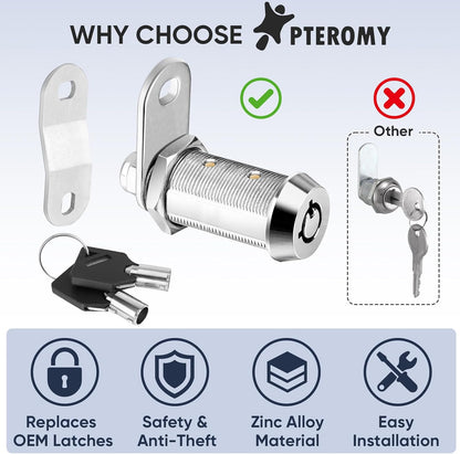PTEROMY 5 Pack Cabinet Lock with Keys, 5/8'' Heavy Duty Tubular Cam Lock for RV Compartment Storage Locks, Full Set of RV Cam Locks (Chrome, 5/8'', 5 Pack)