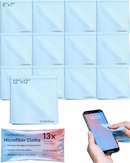 Elite Screens Microfiber Cleaning Cloth Set - 13-Pack, Blue, 6 x 7 in & 12 x 12 in - Smudge-Free Eyeglass Cleaner - Scratch-Free Screen Cleaner - Soft Lens Cleaning Cloth