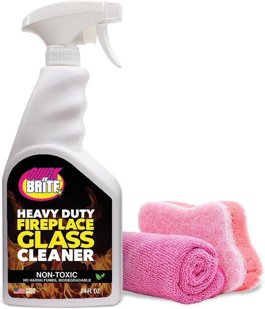 Quick N Brite Fireplace Glass Cleaner 24oz, with Sponge and Microfiber Towel