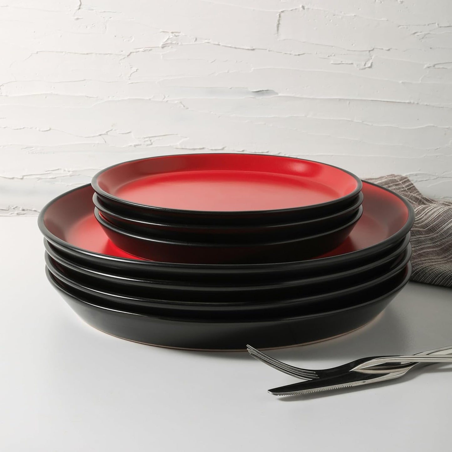 Stone Lain Albie Stoneware 32 Piece Dinnerware Set, Plates and Bowls Sets, Dish Set for 8, Red and Black, Microwave & Dishwasher Safe