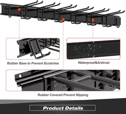 Storaboks Heavy Duty Garage Storage Rack System, Wall Mounted Tool Organizer with 8 Double Hooks, 3 Rails, Garden Yard Tools Hanger for Ski Gears, Broom, Rake, Shovel