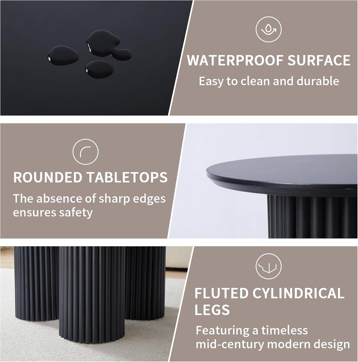 Round Nesting Coffee Table Set of 3,Mid Century Modern Fluted Coffee and End Table Set,Small Circle Wooden Side Table Drink Table for Living Room (Black)