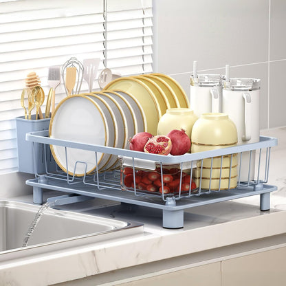 Blue Dish Drying Rack, Dish Rack,Space-Saving Dish Racks for Kitchen Counter with Utensil Holder,Gifts for Women Mothers Day, Kitchen Gadgets & Decor