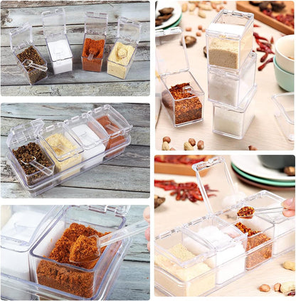 XIUDI Clear Seasoning Rack Spice Pots-4 Pieces Clear Seasoning Storage Container for Spice Salt Sugar Cruet.Acrylic Seasoning Box, Cruet with Cover and Spoon