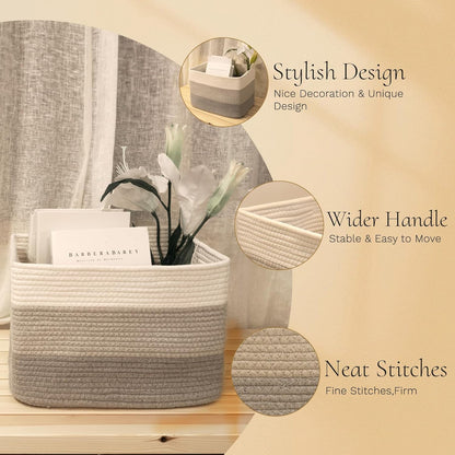 Hopegiver Woven Storage Baskets 15x11x10 Inch, 1 Pack Collapsible Cube Storage Bin for Shelves - Foldable Cotton Rope Organizer Bins for Towels, Toys, Books, Closet, Nursery (White Light-Gray Gray)