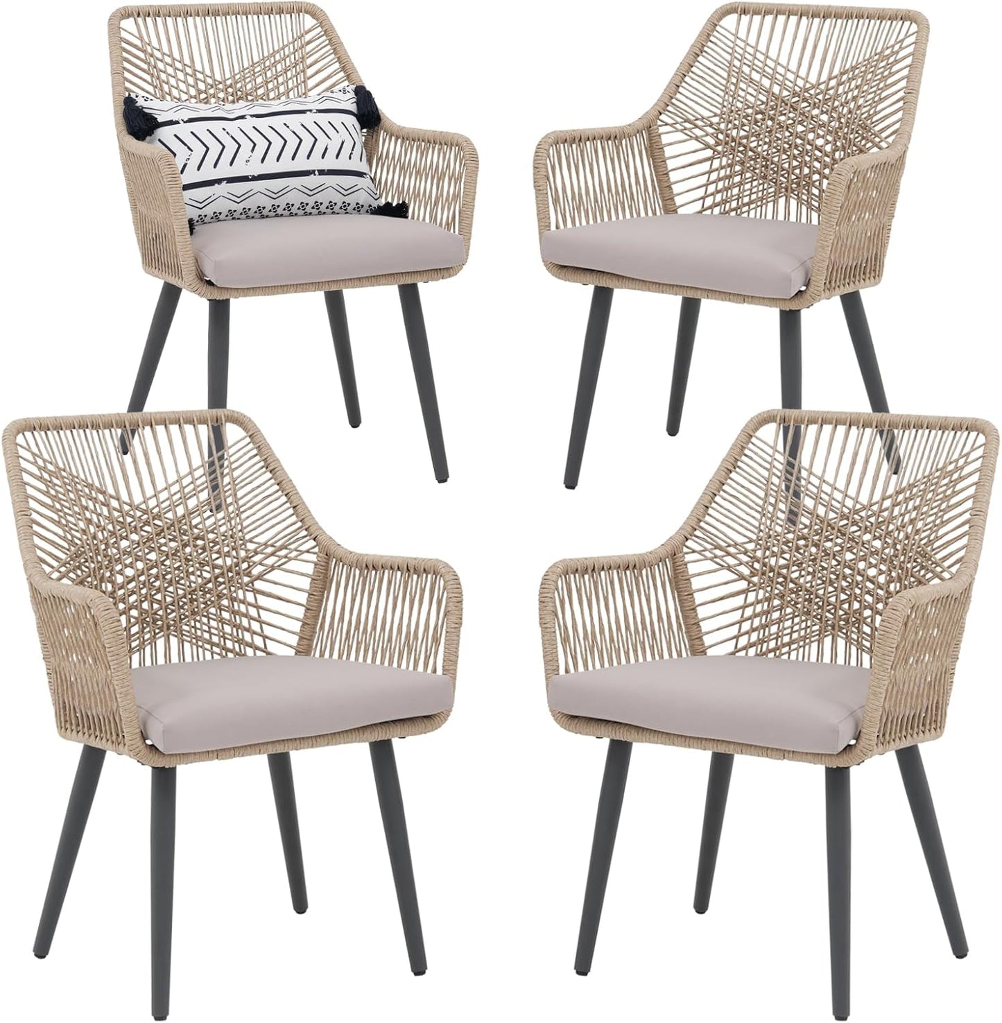 Patiorama Patio Dining Chair Set of 4, Woven Rope Outdoor Dining Chairs w/Steel Frame, All-Weather Twisted Rattan Chairs w/Armrest & Cushion, Outdoor Dining Wicker Chairs for Backyard Garden(Beige)