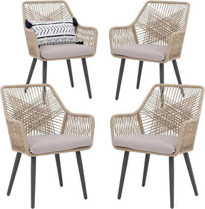Patiorama Patio Dining Chair Set of 4, Woven Rope Outdoor Dining Chairs w/Steel Frame, All-Weather Twisted Rattan Chairs w/Armrest & Cushion, Outdoor Dining Wicker Chairs for Backyard Garden(Beige)