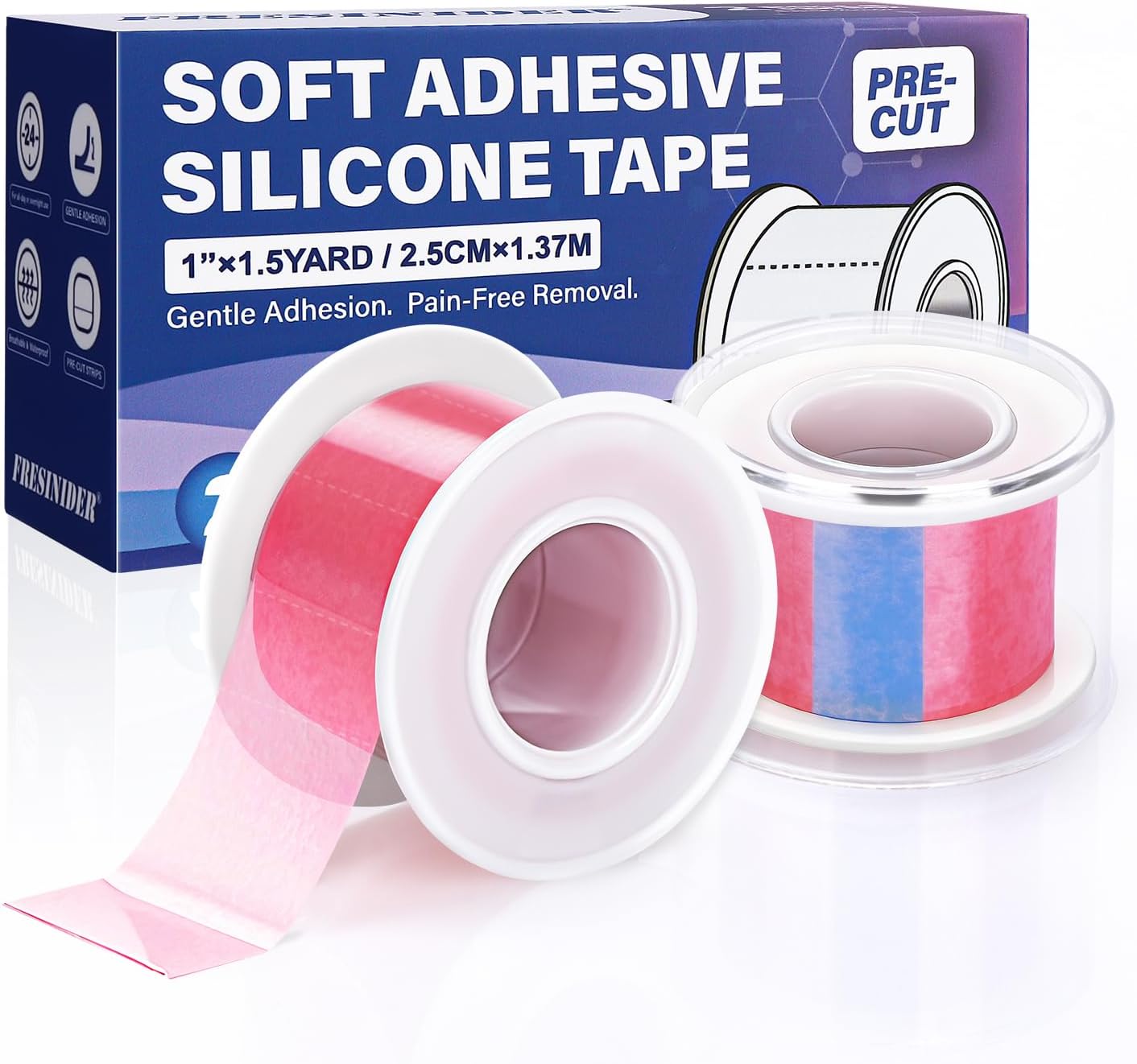 FRESINIDER Silicone Tape 1" x 1.5 Yard Pink 2 Rolls for Sensitive Skin, Pre-Cut Waterproof Medical Tape, Gentle Adhesive for Wound Care, Surgical Sites, Infants and Elderly