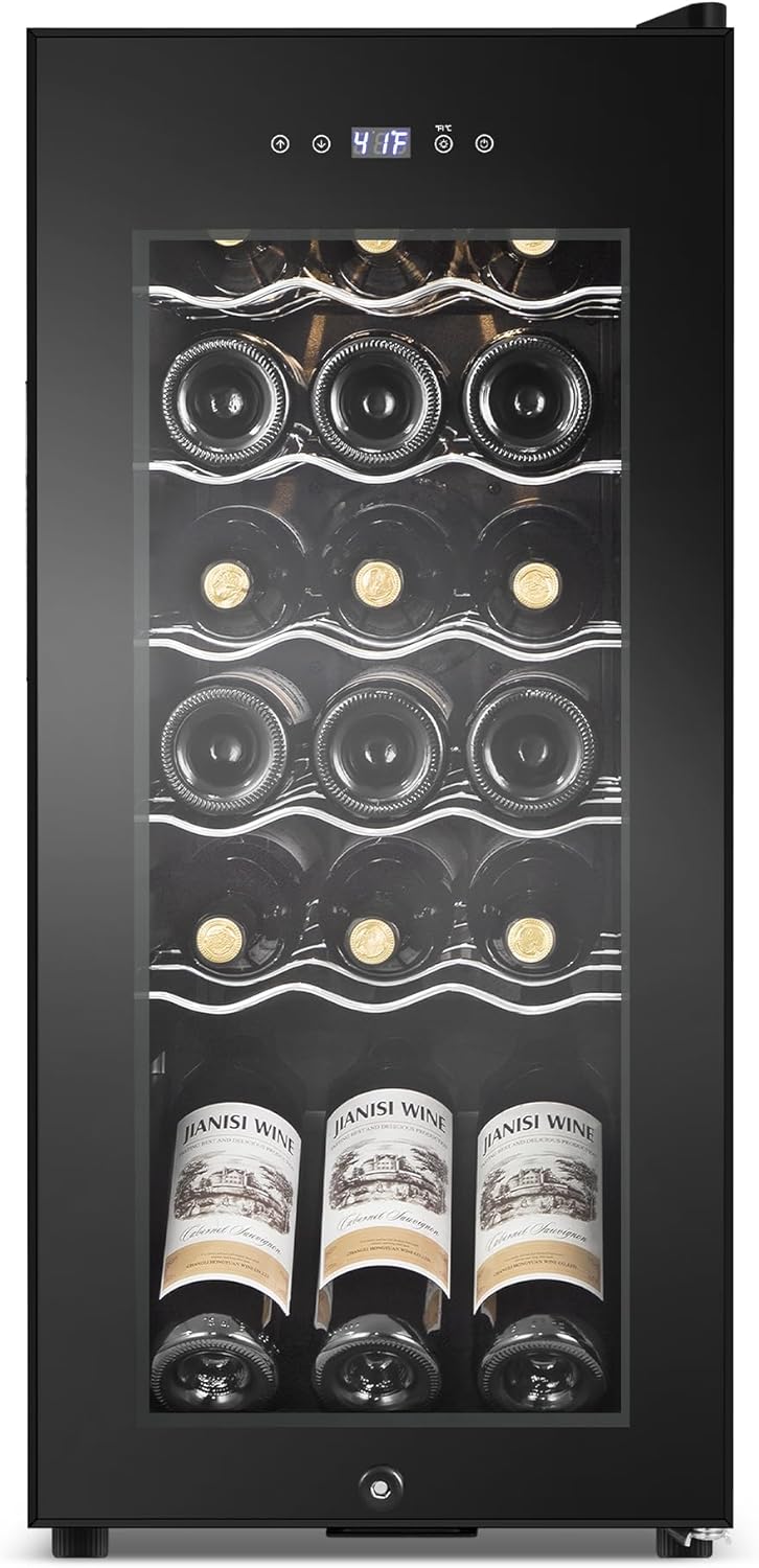 Wine Cooler Refrigerator 18 Bottles, Small Wine Fridge Mini Wine Fridge Countertop with Glass Door Wine Cellars for Red Wine, Champagne, Dry White Wine, Sparkling Wines