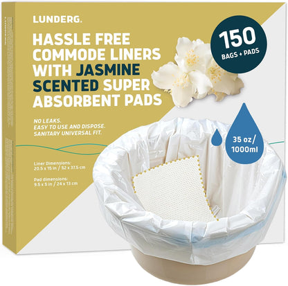 Lunderg Commode Liners with Absorbent Pads - Jasmine Scent Medical Grade 150 Count Universal Fit - Disposable Bedside Commode Liners and Pads for Adult Chairs, Portable Buckets & Camping Toilet Bags