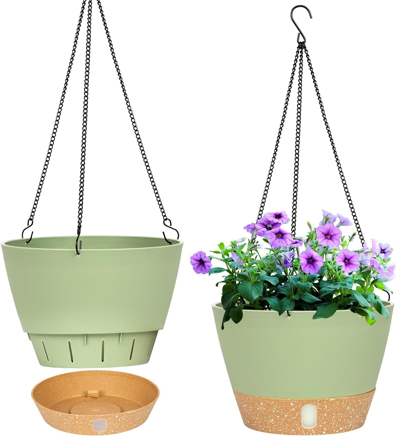 QCQHDU 2 Pack Hanging Planters for Indoor Outdoor Plants, 8 Inch Hanging Baskets Flower Pots with Reservoir Tray & Visible Water-Level