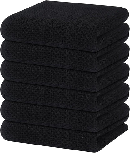Homaxy 100% Cotton Waffle Weave Kitchen Dish Towels, Ultra Soft Absorbent Quick Drying Cleaning Towel, 13 x 28 Inches, 6-Pack, Black