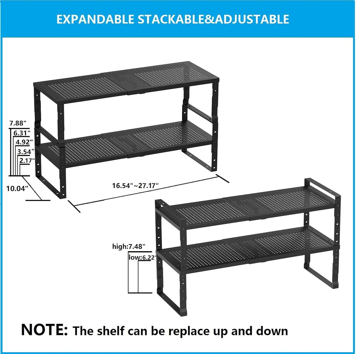 Expandable,Adjustable & Stackable Spice Rack, Cabinet Kitchen Countertop Shelf Organizer,Metal Pantry Storage Shelves - Space-Saving Storage Solution(2Packs/Black/Large)