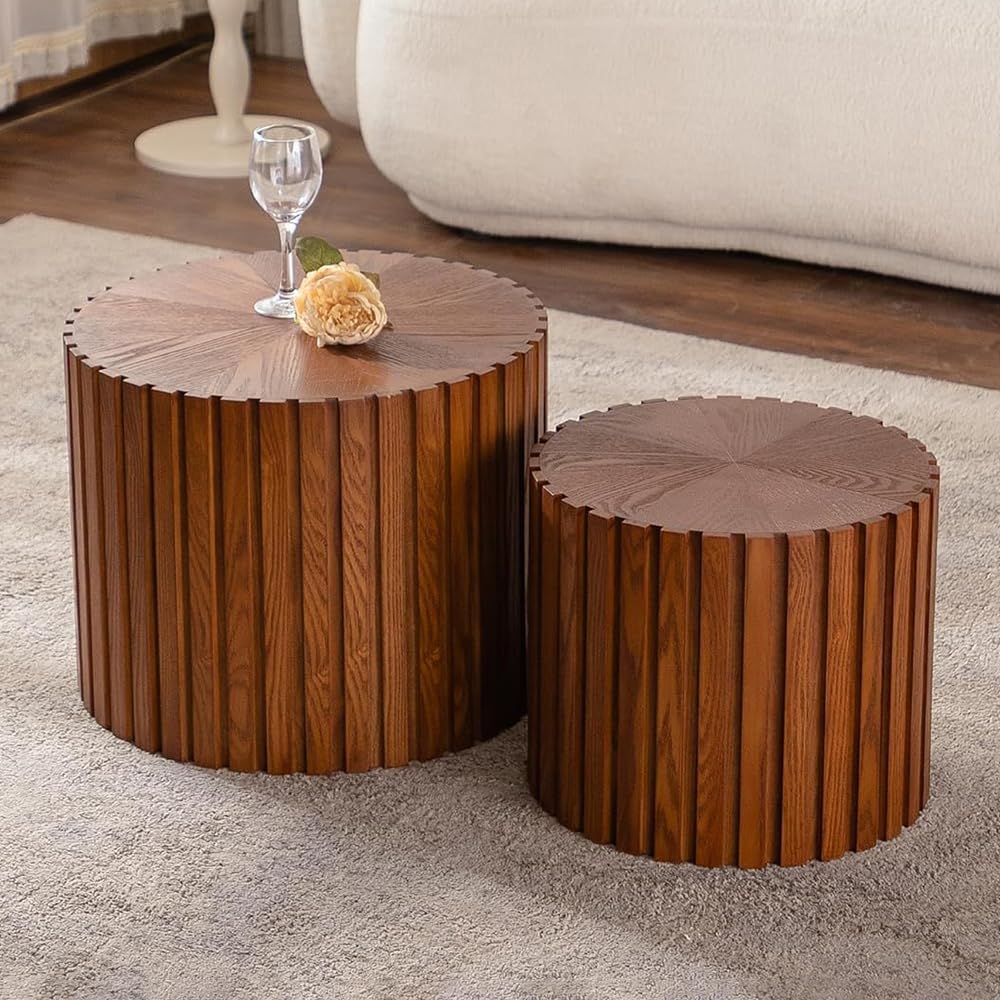 Round Nesting Coffee Table Set of 2 Small Round Coffee Tables for Living Room Modern Fluted Coffee Table Circular End Table Side Table for Small Spaces No Assembly (Brown, 18 in)