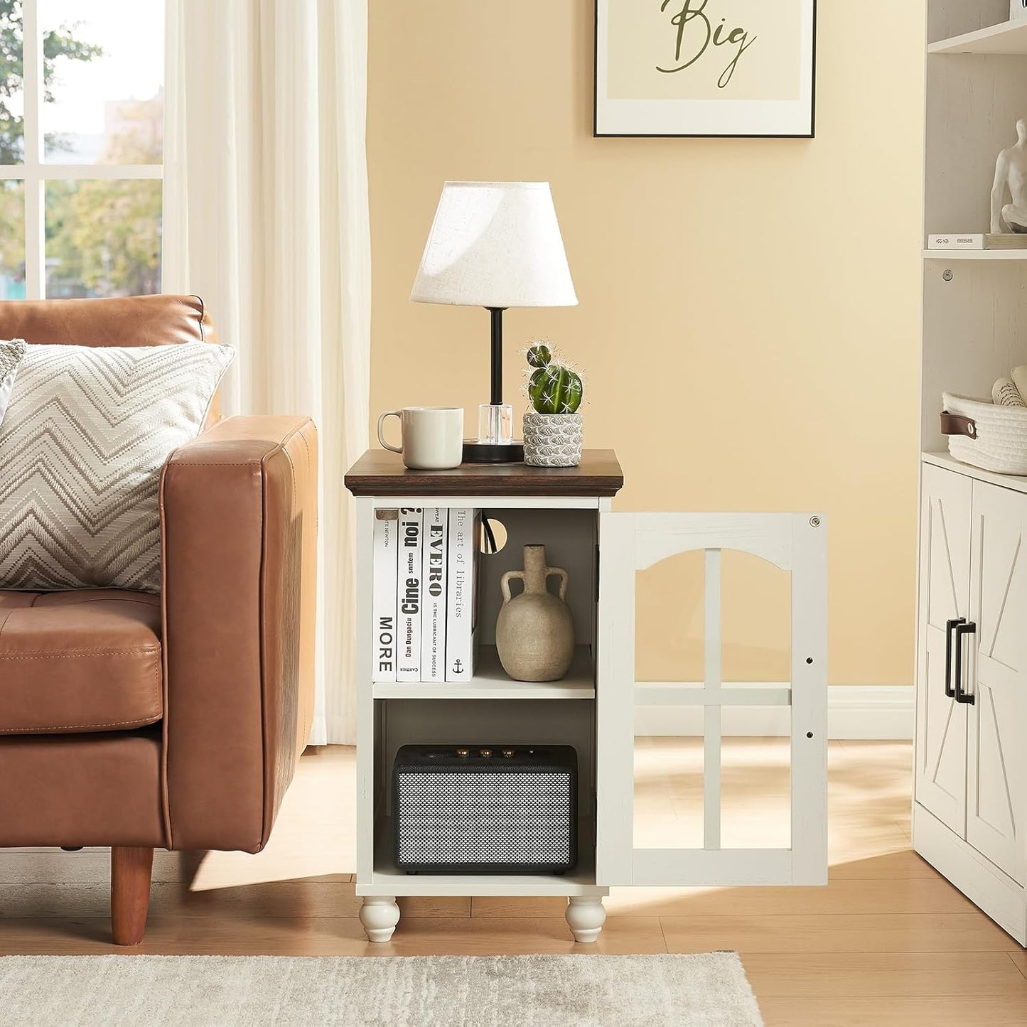 Narrow Side Table,Farmhouse Nightstand with Charging Station,Wood End Table with Glass Barn Door Storage, Cabinet Organizer with Adjustable Shelf, Night Stand for Small Spaces for Living Room Bedroom