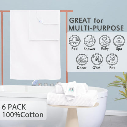 VOOVA & MOVAS White Towels Bathroom Sets - 100% Cotton | Quick Dry | Lightweight | Thick, 6PCS Bath Towels Set, 2 Large Bath 30"x56", 2 Hand 18"x28", 2 Wash Cloths 13"x13", Hotel Shower Towel Luxury