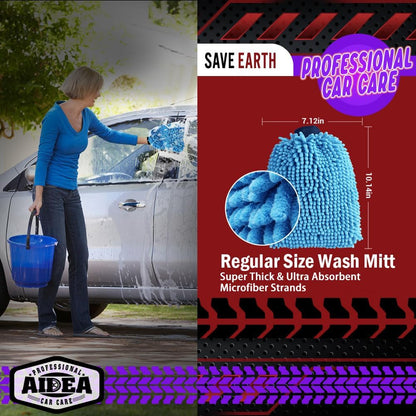 AIDEA Car Wash Mitt Microfiber, 1PK Scratch Free Lint-Free, Premium Chenille Microfiber Sponge Mitt Car Wash Brush, Blue, Regular Size 7.12''X10.14''
