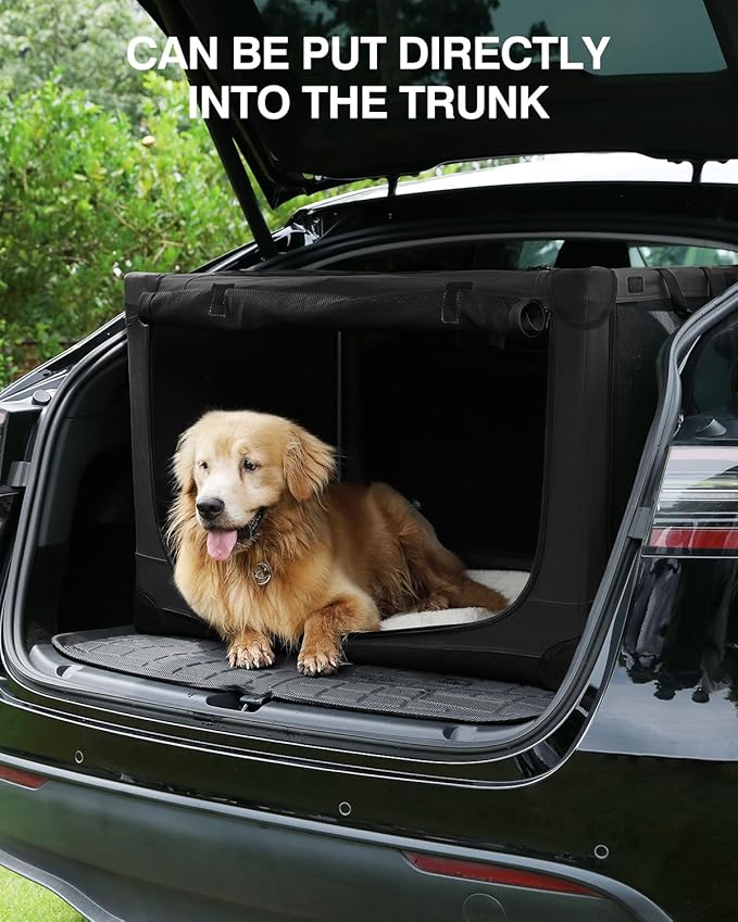 24-Inch Collapsible Travel Dog Crate, Portable 4-Door Soft Kennel for Medium to Large Dogs, Chew-Proof Mesh Windows, Indoor/Outdoor Use, Foldable, with Storage Bag (Black)