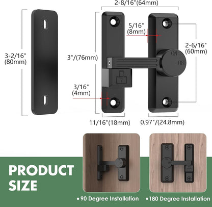 Barn Door Lock Latch, 90/180 Degree Flip Sliding Door Latch for Garage, Bedroom, Cabinet, Sturdy Zinc Alloy Security 90 Degree Lock (Black-2 Pcs)