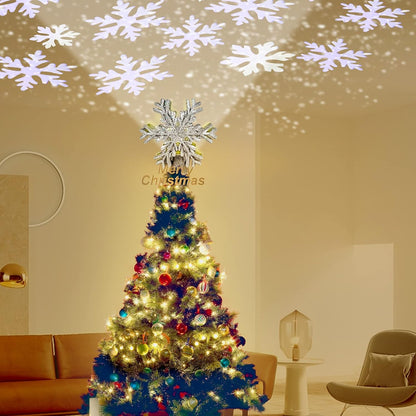 Christmas Tree Topper Lighted with Snowflake Projector, LED Rotating 3D Glitter Tree Topper for Christmas Tree, Christmas Decorations Lights (Silver)
