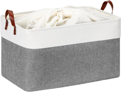 DULLEMELO Extra Large Storage Basket for Organizing, 70L Oversized Storage Bin Foldable Canvas Fabric Blanket Basket, 22" x 15" x 13" Large Kids Toy Basket Organizer with Handles (White&Grey)