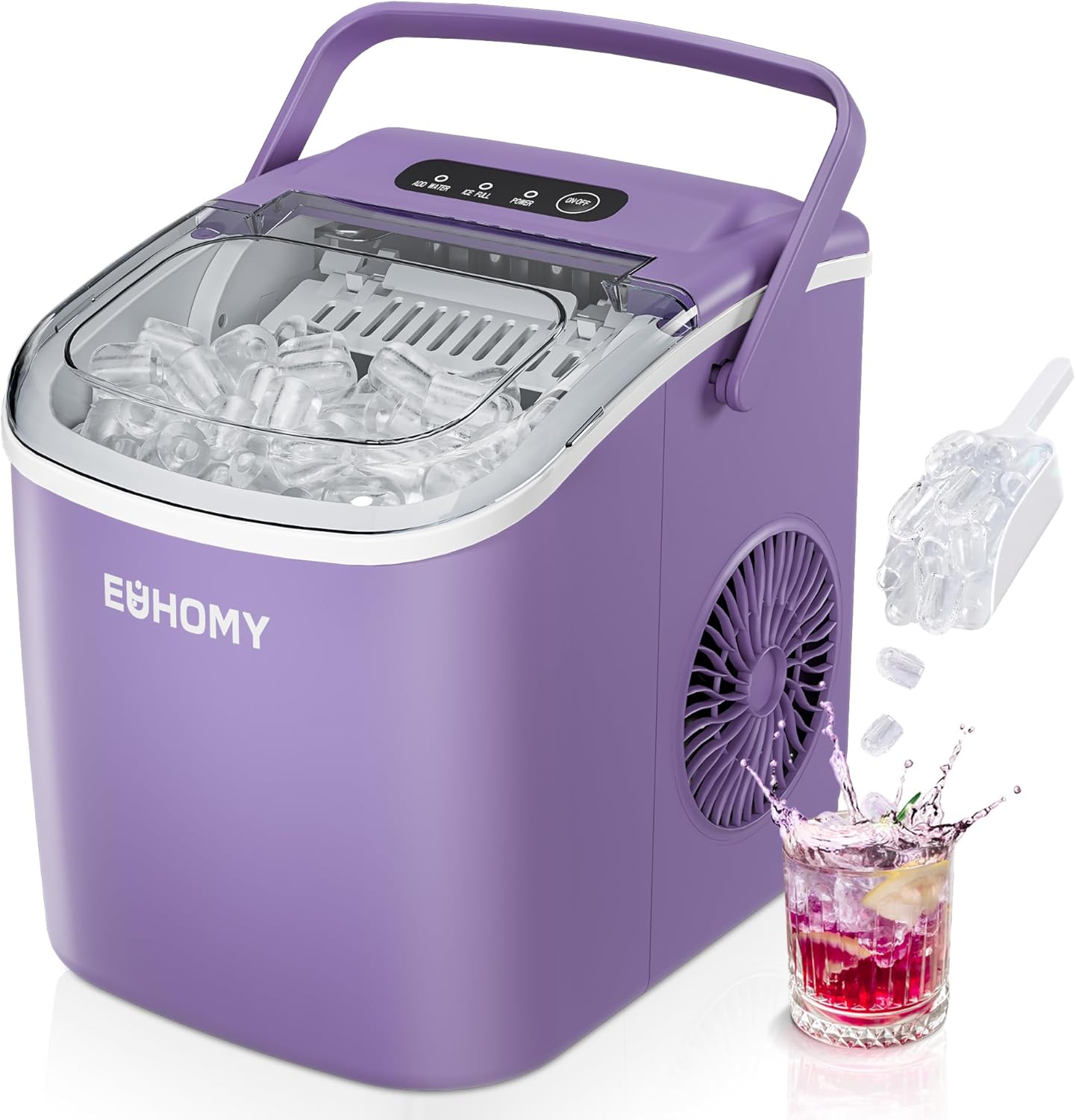 EUHOMY Countertop Ice Maker Machine with Handle, 26lbs Per Day, 9 Ice Cubes Ready in 6 Mins, Auto-Cleaning Portable Ice Maker with Basket and Scoop, for Home/Kitchen/Camping/RV (Purple)
