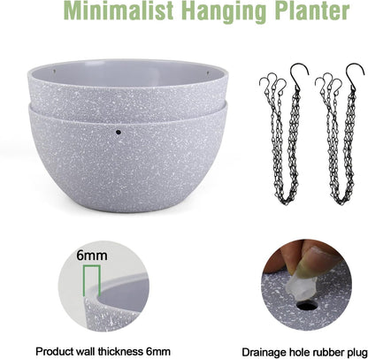 8 inch Small Hanging Planters for Indoor Outdoor Plants, 2 Pack Hanging Flower Pots with Drainage Holes and Chain for Garden Porch, Plastic Hanging Baskets for House Plants, Speckled Grey