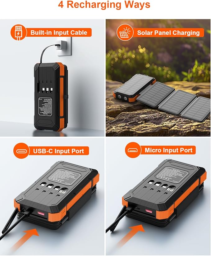 Solar Charger Power Bank 49800mAh with 4 Built-in Cables & 4 Foldable Panels, PD22.5W Fast Portable Phone Charger, External Battery Pack with USB-C in/Output & Flashlight for Outdoor Camping