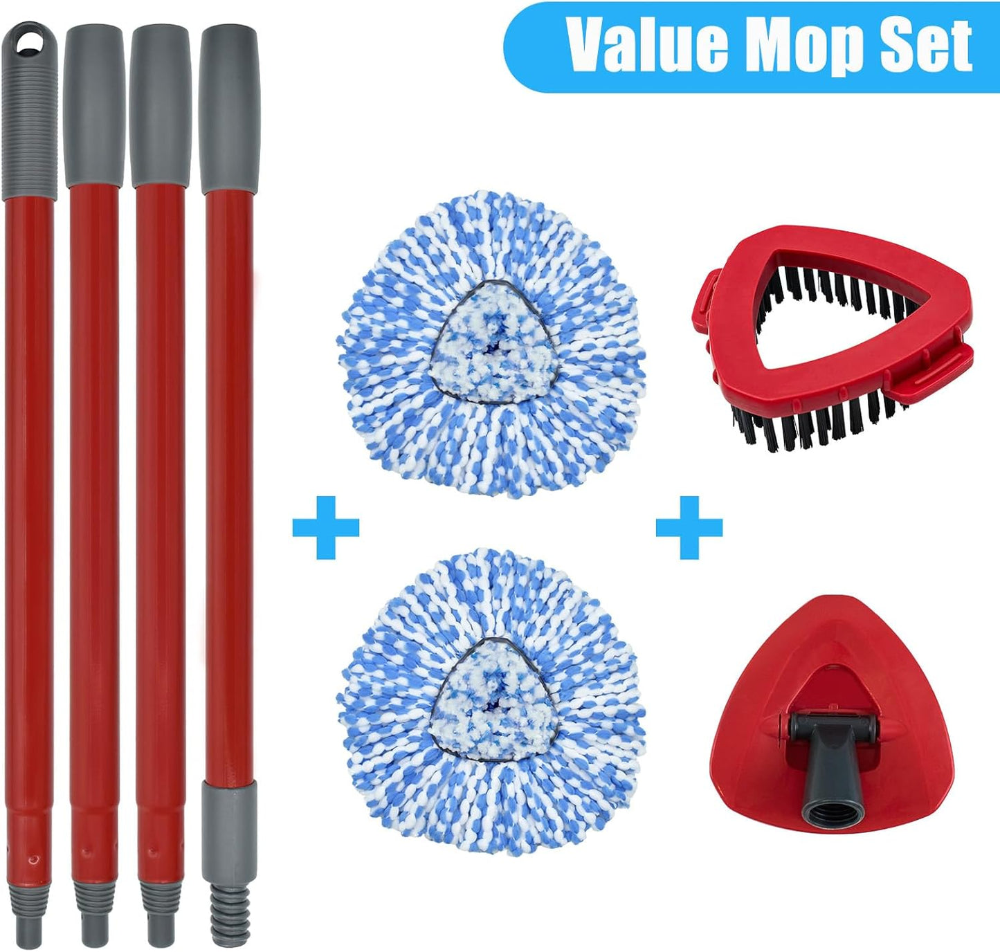 Mop Replace Head Mop Handle for O Cedar Mop, Mop Replacement for Ocedar Spin Mop Includes 2 Mop Heads Replacements 4-Section Mop Handle 1 Mop Base 1 Scrubber Mop Head for O-Cedar Spin Mop