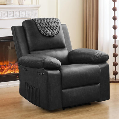 Recliner Chair with Electric Massage Adjustable Footrest & Heat, Manual Leather Recline for Adults Living Room Remote Control (Black)