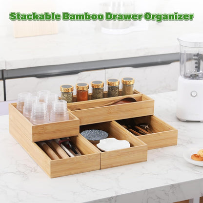 Bamboo Drawer Organizer, 2PCS Stackable Storage Boxes for Utensil Organizer, Wood Tray for kitchen, Bathroom and Bedroom 9" x 6" x 2"