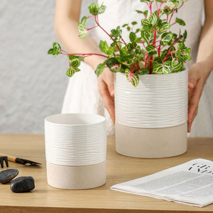 Nihow Self Watering Plant Pot: 4.5 Inch Ceramic Planter with Drainage Hole & Water Storage Plus for Indoor & Outdoor Plants - Cylinder Flower Pot for Herbs/Violets - White & Brown