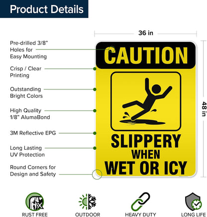 Caution Slippery When Wet Sign or ICY Sign, 36"x48" Aluminum Composite Reflective, Indoor/Outdoor Use, USA MADE By My Sign Center