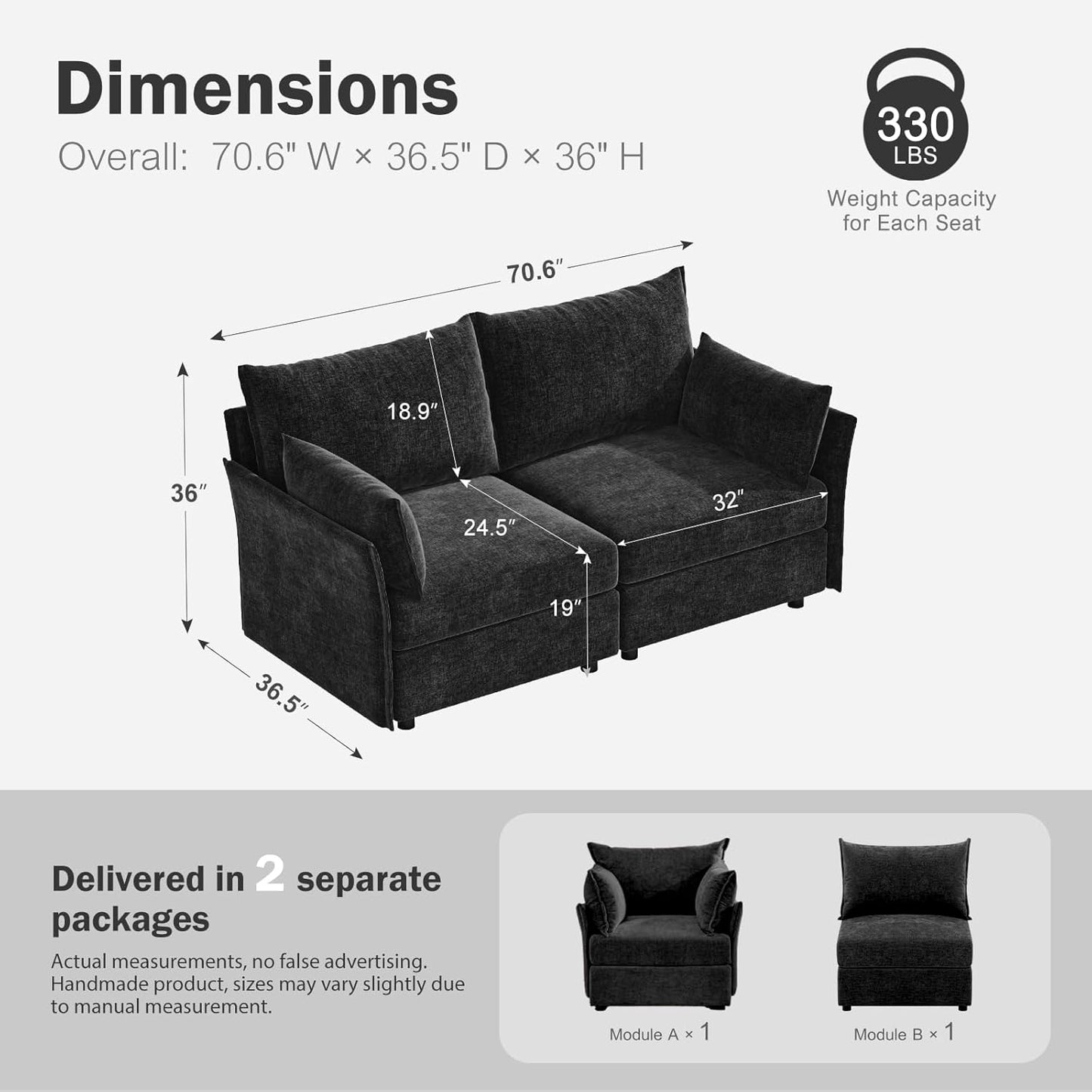 Oversized Loveseat Sofa, Modern Modular Sectional Couch Black Fluffy Chenille Mid Century 2-Seat 24.5" Deep Seat for Apartment, Living Room, Bedroom