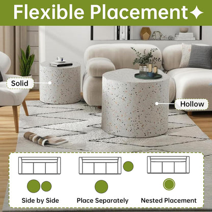 Round Nesting Coffee Table, Drum Wood Coffee Table Set of 2 Marble-Color, Modern Nesting Tables Circle Center Table 2 Piece for Small Spaces Living Room Bedroom Balcony Office, No Assembling