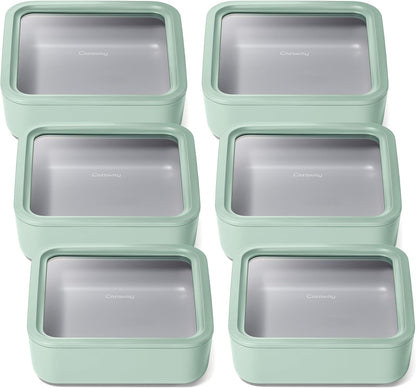 Caraway 6pc Glass Food Storage Set – 10 Cup Food Containers (6) - Ceramic Coated - Non Toxic, Non Stick with Lids - Microwave Safe - Mist