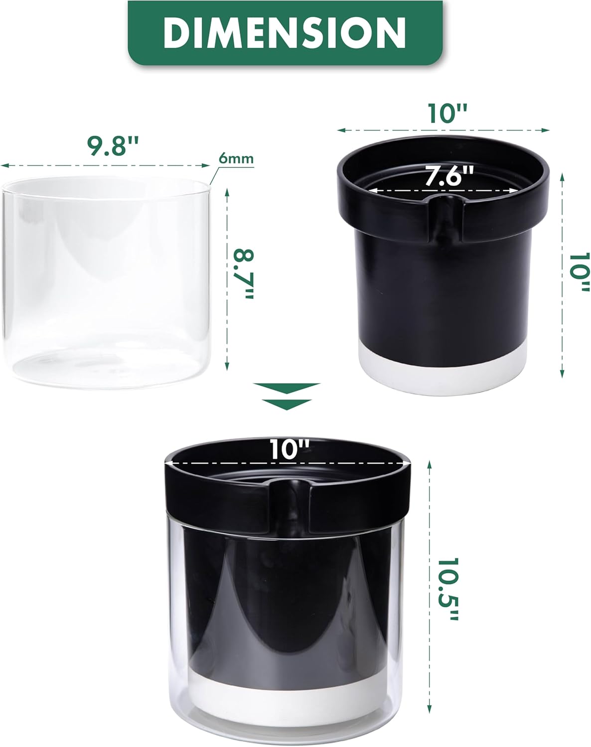 Phoenix Vine 10 Inch Self Watering Terracotta Planter, Black Terracotta Clay Pot with Glass Reservoir for Indoor Plants, Herbs, Flowers, Set of 1, 52-C-I-1