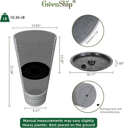 GreenShip 27" Tall Planters, Set of 2 – Black Outdoor Planter for Front Porch & Tall Plants, Weather-Resistant, with Drainage Hole & Rubber Plug (No Plants Included) (Light Gray)